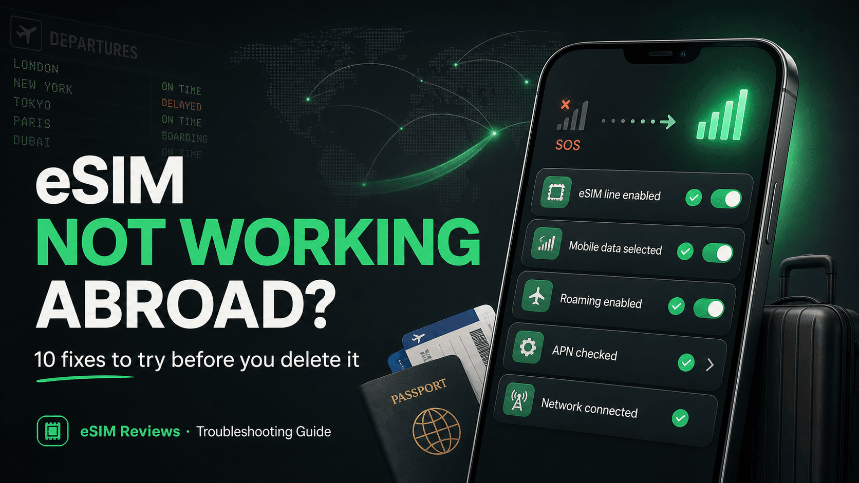 A travel phone connection checklist beside the title eSIM Not Working Abroad