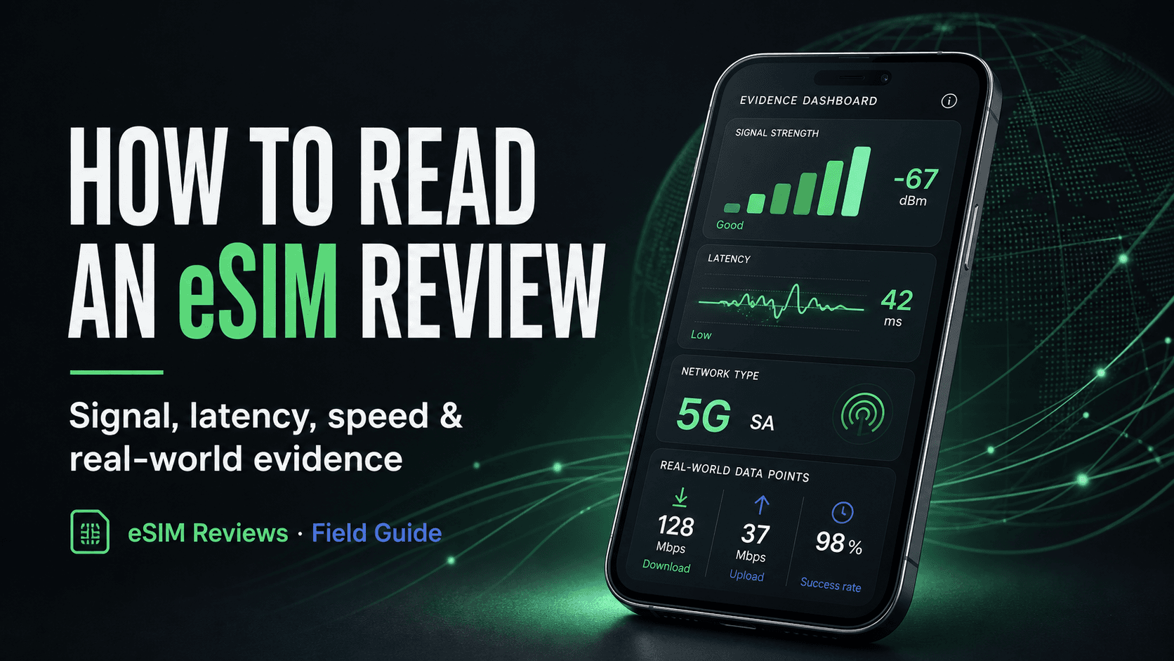 A phone displaying signal strength, latency, network type and performance evidence beside the title How to Read an eSIM Review