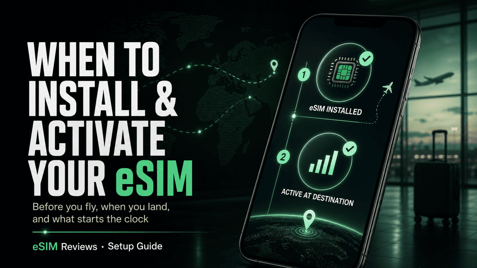 A two-step travel eSIM setup showing installation before a flight and activation at the destination